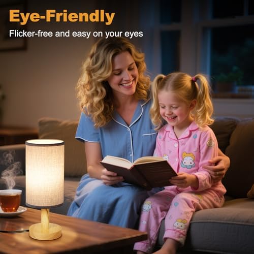 Gray Small Bedside Table Lamp for Bedroom,Natural Round Wood Base&Fabric Linen Shade,Cozy Night Table Light for Study Reading,Minimalist Boho Desk Lamp for Nightstand,Living Room,Nursery,Kitchen,Dorm - Image 3