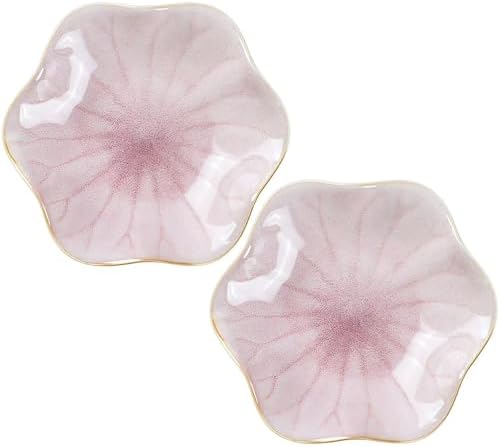 2Pcs Ceramic Jewelry Dish - Lotus Leaf Shape, for Ring Holder Necklace Small Key, Suitable for Mother Friend Sister, Gifts for Women, Cute Plate Trinket Tray, Home Decor (Pink-2PCS) by Koyzsen