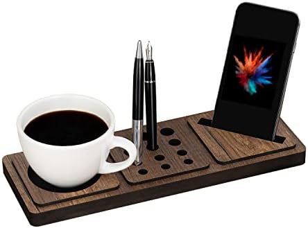 Vigo Wood 3-Compartment Desk Organizer, Vertical Phone Holder Stand, Pen Paperclip Note Storage for Home Office Accessories Small (Walnut) by VigoWood