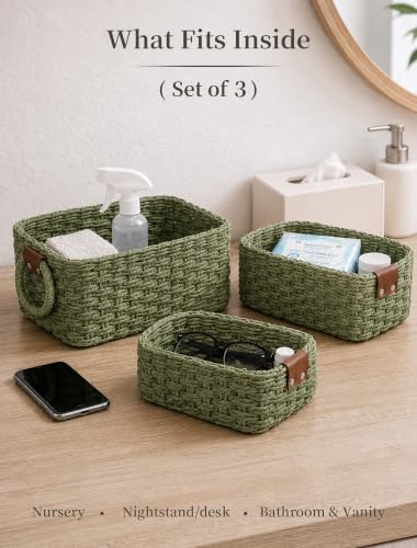 Small Wicker Baskets, 3 PCS Paper Rope Baskets for Shelves, Green - Image 3