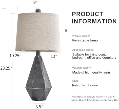 PoKat 20.25" Rustic Farmhouse Table Lamp Sets of 2 for Living Room Bedroom Deep Grey Contemporary Classic Bedside Nightstand Lamp with White Fabric Shade, Suitable for Small Place - Image 2