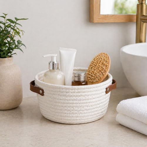 Small Woven Basket, Mini Cotton Rope Storage Basket with Leather Handle - Image 4