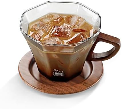 Bincoo Glass Mug with Wooden Handle and and Saucer Set-280ML Glass Coffee Cup Heat Resistant Lightweight Tea Mugs Ideal for Home, Cafe, Coffee Bar(Grey) by Bincoo