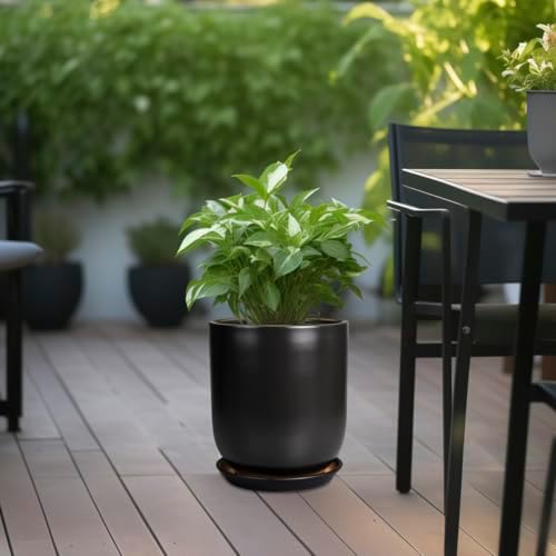 Ceramic Planter 10 Inch - Ceramic Pot for Indoor Plants Outdoor Plant Pot with Drainage Hole and Saucer Cylinder Flower Pot Black - Image 4