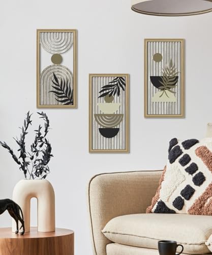Putuo Decor Boho Abstract Wall Art, Set of 3, Modern Geometric Botanical Wooden Wall Decor, Mid-Century Minimalist Framed Artwork, Neutral Toned Aesthetic Prints, for Living Room, Bedroom, Office - Image 4
