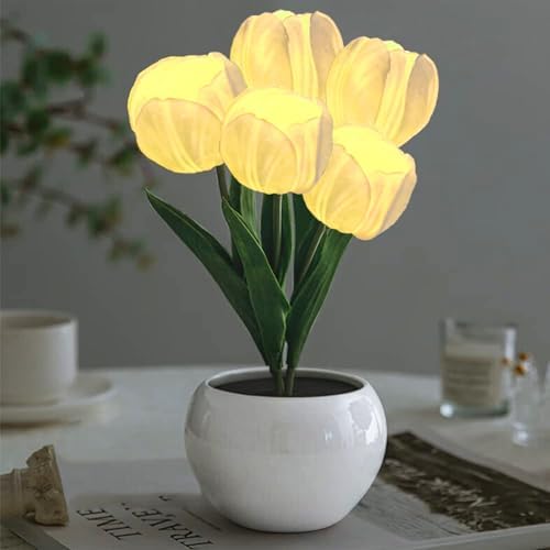 Flower Table Lamp Tulip Desk LED Night Light for Home Living Room Decor Artificial Flower with Vase Table Centerpieces for Birthday Holiday Party Wedding Room Decoration (White) by GOUTOOL