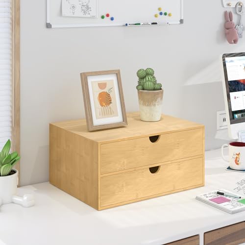 Bamboo Desk Drawer Organizer, Large Desktop Organizer with Drawers Tabletop Storage Organization Box for Office Home Toiletries Supplies Vanity, No Assembly Required (2 Drawer) - Image 2