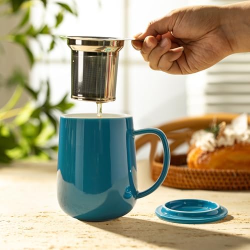 Sweese Porcelain Teacup with Infuser and Lid, 20oz, Steel Blue, Microwave Safe, Reusable - Image 3