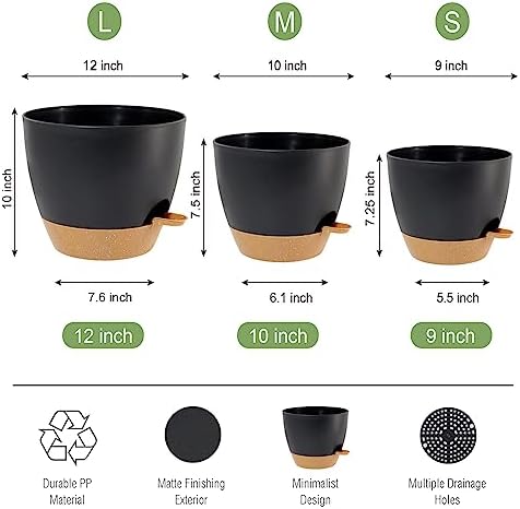 UOUZ Large Self Watering Pots, 12/10/9 Plastic Planters with High Drainage Holes and Deep Reservoir for Indoor Outdoor Garden Plants and Flowers, Black with Brown - Image 2