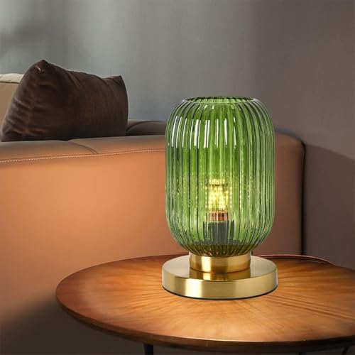 Glass Table Lamp of 2 Mid Century Table Lamps Modern Globe Table lamp Vintage Gold Desk Lamp Nightstand Lamp with Green Ribbed Design Shade for Bedside Bedroom Living Room Offic - Image 3