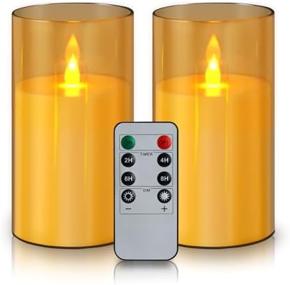 wemarry Flameless Candles Acrylic Glass Pillars 3" D x 6" H Battery Operated Flickering Candles Include 8-Key Remote with Timer Function 400+ Hours (Amber, Warm Light 2 Pack) by wemarry