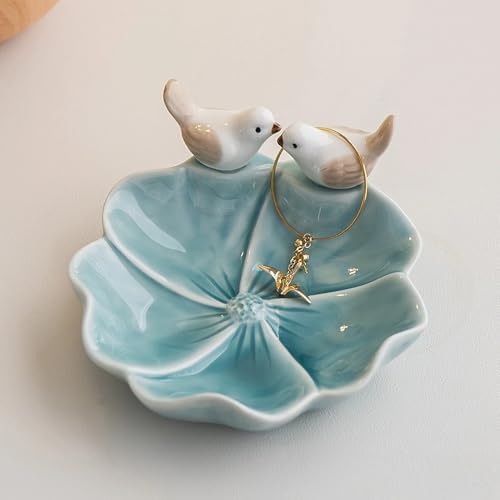 Lotus Leaf Bird Ceramic Jewelry Dish, Ring Tray for Women (Blue) - Image 7