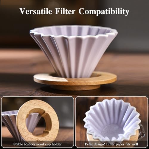Bincoo Ceramic Coffee Dripper,Pour Over Coffee Dripper with Wood Stand, Flower-shape for 1-2 Cups Slow Brewing Maker for Home Cafe (Purple) - Image 3