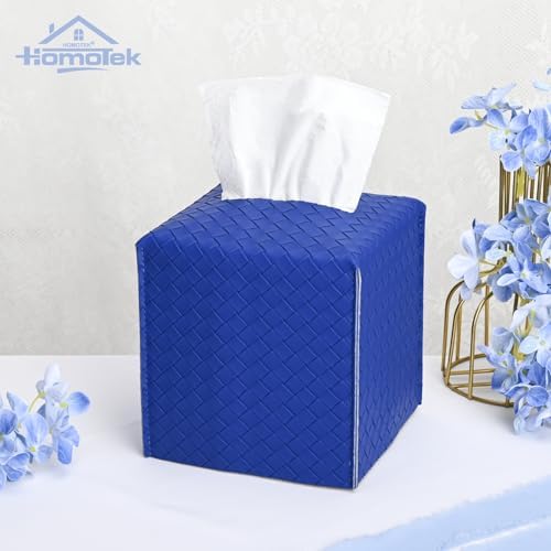 HOMOTEK 2 Pack Tissue Box Cover, Square PU Leather Tissue Holder, Decorative Facial Tissue Cube Paper Organizer Dispenser for Bathroom, Night Stands, Desk, Car 5X5X5'' - Woven Waffle,Blue - Image 3
