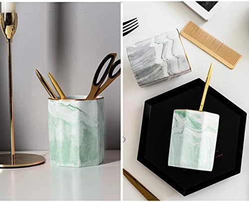 Pencil Holder, Pencil Cup for Desk, Makeup Brush Holder Cup, Cute Pencil Stand Marble Decorative for Kids Durable Ceramic Desk Organizer for Office, Classroom, Home, Antique Green Marble - Image 2