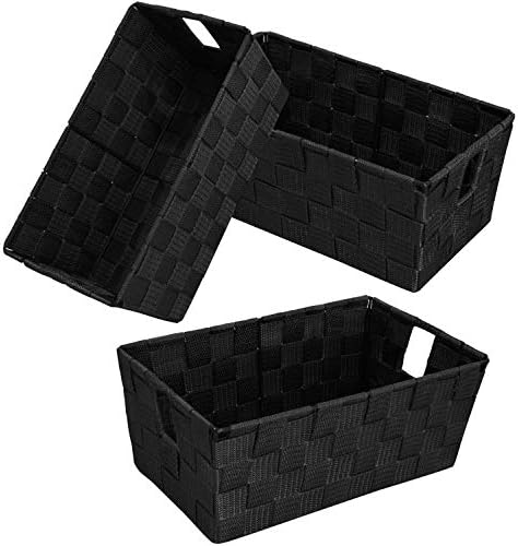 Woven Black Storage Baskets Shelf Tote Boxes Container, Durable Storage Organizer Bins with Built-in Handles for Bedroom, Office, Closet, Kids Room, Nursery, 3-Pack,11.4”x 6.5”x 4.5” by homyfort