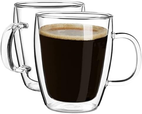 YUNCANG Double Wall Insulated Coffee Mugs, 16 Ounces - Clear Glass, Cappuccino & Latte Cups, Heat Resistant by YUNCANG
