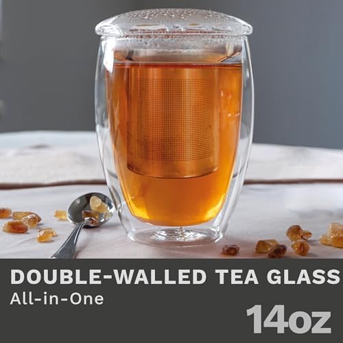 Creano Double Walled Tea Glass with Stainless Steel Filter and Glass Lid - 14oz (400ml) - Image 2
