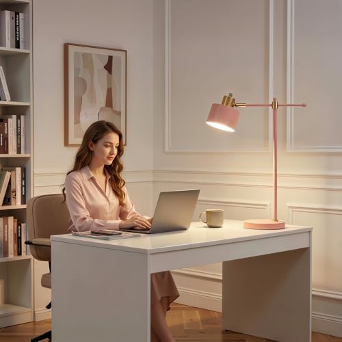 OYEARS 22.2" Modern Desk Lamp, Metal Table Lamp with LED Bulb, Adjustable Reading Lamps for Living Room, Mid Century Task Lamp for Home Office, Industrial Bedside Lamps with Solid Base, Pink - Image 6