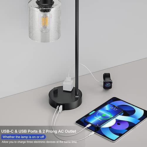 Industrial Desk Lamp, Fully Dimmable Small Bedside Table Lamp, Black, USB C - Image 3