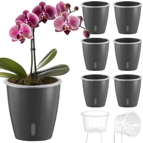 Self Watering Pots for Indoor Plants, 6-Pack 5'' Self Watering Planter with Drainage Holes, Small African Violet Pots with Water Indicator, Clear Wick Orchid Pot, Grey Gold by KvyusFlourish