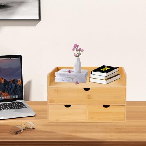 Premium Natural Bamboo Desktop Organizer, Attractive Design 3 Tier, Table Top Storage for Documents & Office Supplies, Accessories And More, No Assembly Required (3 Drawer with Shelf) - Image 6