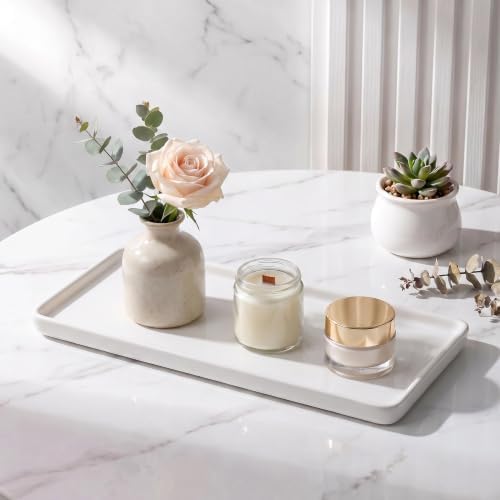10″ x 3.5″ Ceramic Bathroom Vanity Tray, Rectangular Decorative Countertop Tray for Bathroom Kitchen, Ceramic Organizer Tray for Perfume, Candle, Jewelry, Cosmetics, Soap Dispenser, Dresser Top, White - Image 2