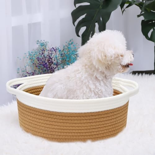 ABenkle Small Basket with Handles, Boho Decorative Rope Woven Dog Cat Toy Storage Bin Shelf Storage Organizer, Easter Christmas Gift Basket, 12"x8"x5", Brown - Image 3