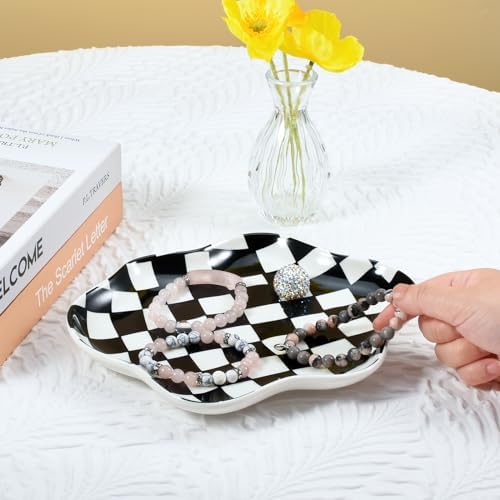 Koythin Black White Checkerboard Ceramic Jewelry Tray, Vanity Trinket Dish - Image 4