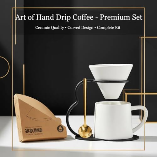 Pour Over Coffee Maker set,Ceramic Coffee Maker With V60 40 pcs Paper Filter，Metal Stand 9oz 270ml mug Pour Over Coffee Dripper White - Image 2
