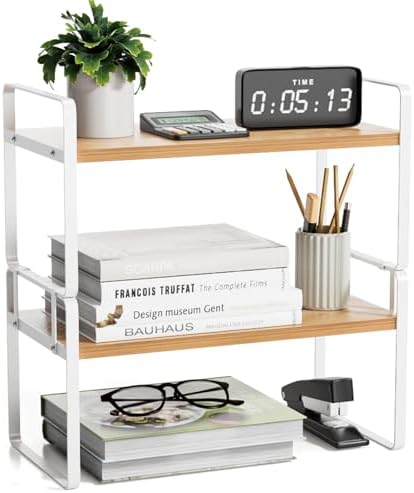YGYQZ Desk Shelf Organizer, 2-Tier Desktop Bookshelf, White & Wood by YGYQZ