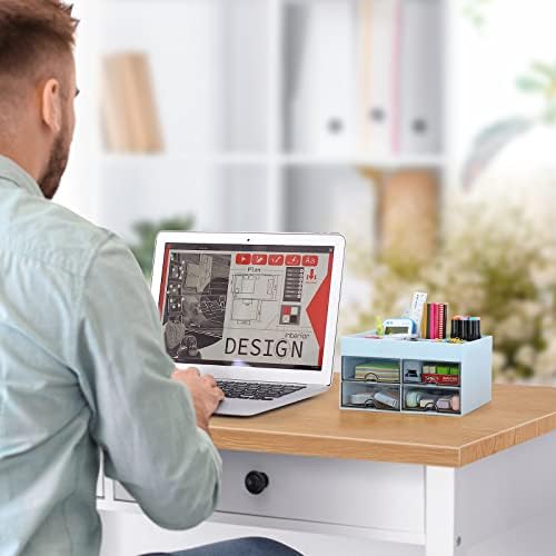 LETURE Office Desktop Organizer with Drawer, Stationary Organizer Desk Caddy, Pen/Pencil/Business Card/Sticky Note Tray/Paperclip Holder Storage Box (Blue) - Image 3