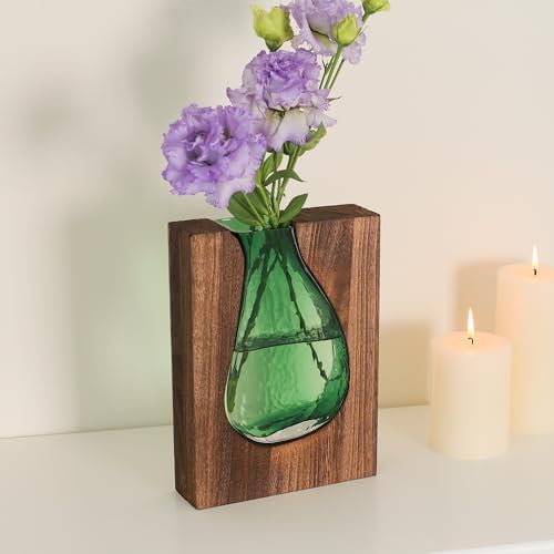 Wood and Glass Inlay Vases Farmhouse Wooden Glass Flower Vase Solid Wood Glass Vase Home Decor Vases for Centerpiece (9.29 Inches) - Image 4