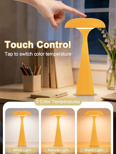 Cordless Mushroom Lamp,Yellow Small Table Lamp,Vintage Aesthetic Lamp - Image 3