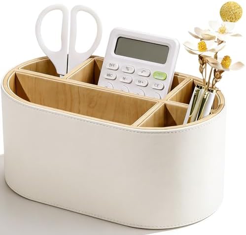 KINGFOM PU Leather Desk Organizer with Multi Compartments, Desktop Caddy Holder for Remote Controls, Pens, Makeup Brushes, Office Accessories (Beige) by KingfomLeatherHomeOfficeDecor