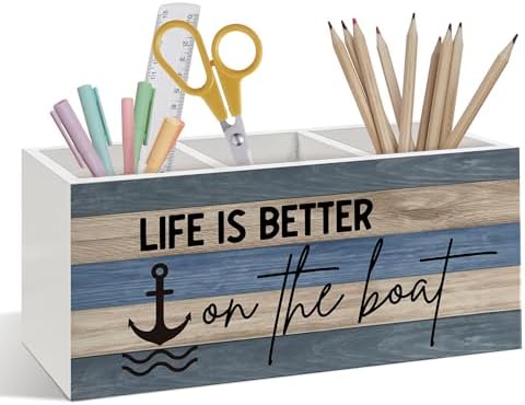 Boat Captain Owner Gifts Pen Pencil Holder, Boating Gifts for Women Men, Beach Desk Accessories, Life Is Better on the Boat Wooden Pen Pencil Organizer for Lake House Desk Decor by Foyoulame