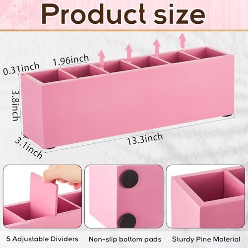 Jetec Wooden Pencil Pen Holder for Desk, Pink, 6 Compartments - Image 2