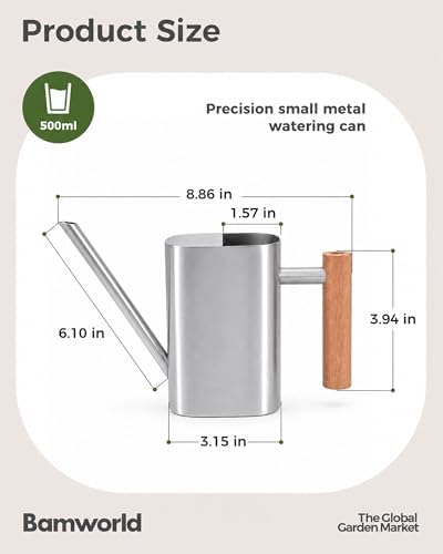 Bamworld Watering Can Indoor Plants 17oz 500ml Metal Silver - Image 2
