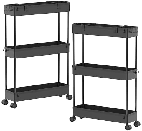 2 Pack 3 Tier Slim Storage Cart, Bathroom Rolling Utility Organizer by Home