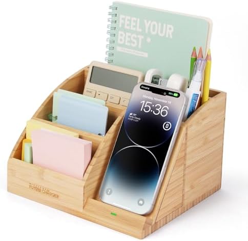 Bamboo Pen Holder for Desk & Nightstand Organizer with Fast Wireless Charging for iPhone, Samsung & More – Office Desk Accessories for Men/Women (Natural) by wirelessfuturecharger