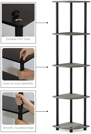 Furinno TURN-N-TUBE Corner Shelf Set of 2, 5-Tier Corner Bookshelf, Open Storage Shelves, for Organization and Storage, Living Room, Home Office, Garage, French Oak - Image 5