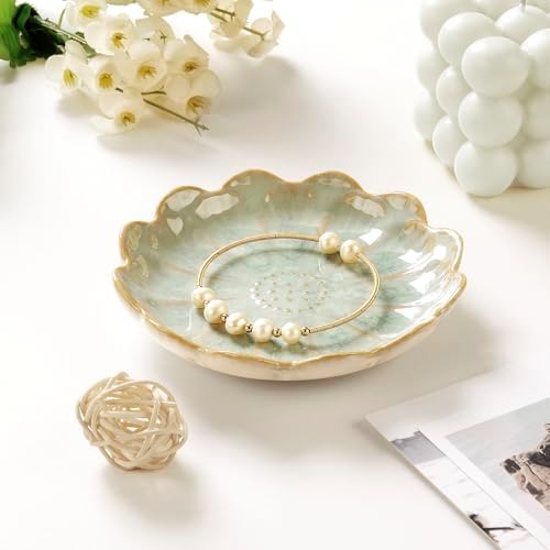 Lotus Ring Holder Dish Small Indoor Ash Tray, Ceramic Dessert Plate Trinket Jewelry Holder Organizing Necklace Earrings for Parents Friends Sister, Light Green. All Jewelries Are NOT Included. - Image 5
