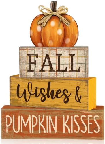 Moucuny 4 Pcs Fall Pumpkin Decor Fall Decorations for Home Wooden Pumpkin Decor Thanksgiving Table Centerpiece Rustic Autumn Stacked Block Signs Farmhouse for Harvest Party Home Kitchen by Moucuny