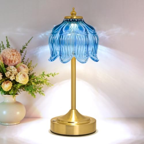 Cordless Table Lamp, Rechargeable Blue Glass Lotus Flower Lamp by Unknown