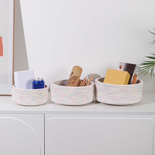 Small Basket Cotton Rope Woven Baskets for Organizing Cute Mini Tiny Baskets for Nursery Decorative Boho Round Storage Bathroom Organization Bin Open Storage Bins (Colorful white) - Image 7