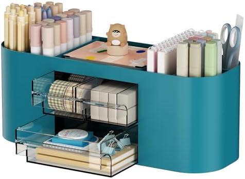 Marbrasse Pen Holder for Desk with 3 Drawers, Multi-Functional Pencil Holder, Desk Organizers and Accessories with 7 Compartments for Home, School, Classroom (Dark Green) by Marbrasse
