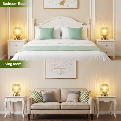 Elenhome Touch Table Lamp Set of 2, 3-Way Dimmable with Glass Shade, USB-C+A Charging Ports, Mid-Century Modern Small Bedside Lamps for Nightstand, Bedroom, and Living Room, LED Bulb Included (Green) - Image 5