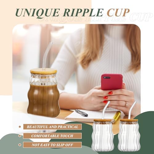 Domensi 2 Pcs 18 oz Creative Glass Cups with Lids and Straws Wave Shape Cute Drinking Tumblers Ribbed Cups Vintage Ripple Glassware for Cocktail Juice Iced Coffee Tea Soda Milk - Image 5