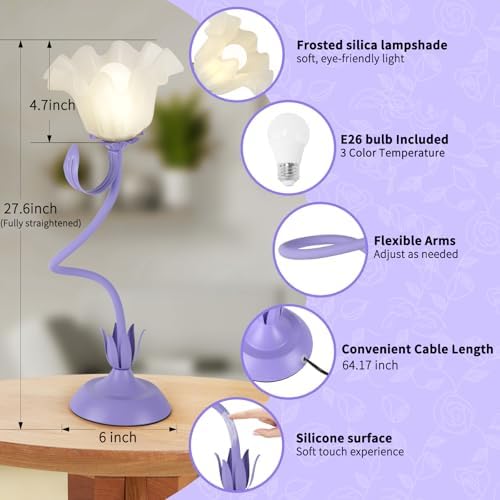 Cute Flower Desk Lamp, 3 Color Temperature Table Lamp with LED Bulb, Vintage Bedside Lamps, Reading Lamps with Soft Light for Bedroom, Living Room（Purple） - Image 4