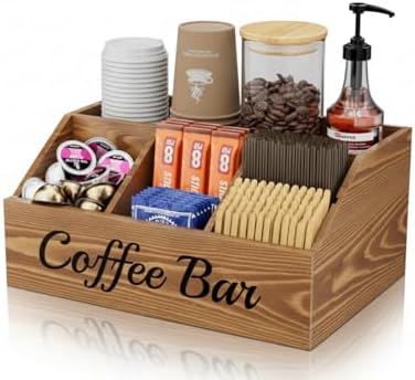 Coffee Station Organizer for Countertop – Wooden Coffee Bar Organizer with Adjustable Dividers,Holds K Cup Pod & syrup bottles, for Kitchen, Office, or Bar and Tea Station, Brown by Unknown